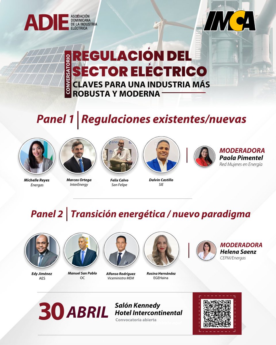 La regulación eléctrica necesita actualizarse para responder a los desafíos de hoy. 

El 30 de abril discutiremos claves para un marco más moderno y robusto, con expertos del sector. 

Hotel Intercontinental | 9:00 a.m. 

#SectorEléctricoRD #RegulaciónEléctrica