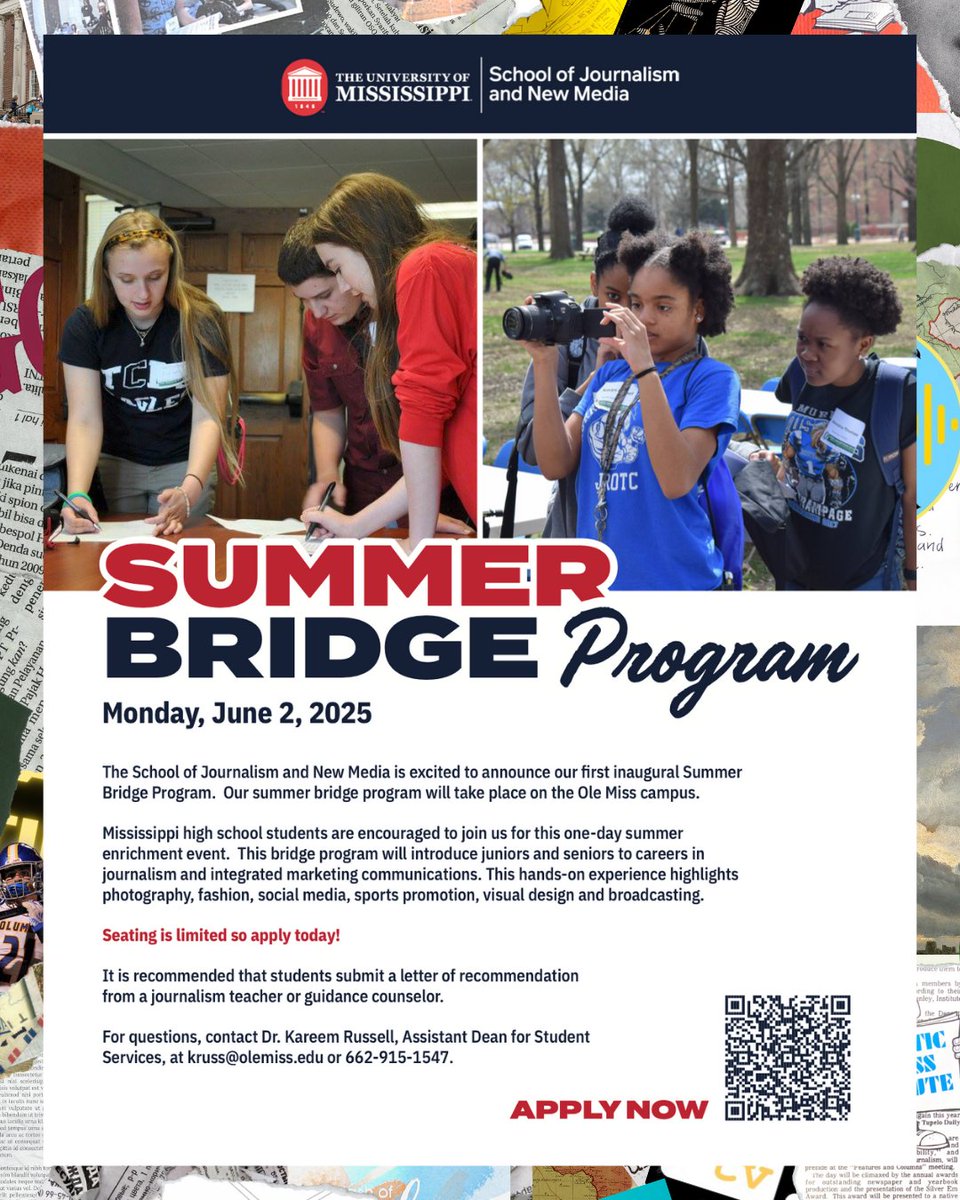 Looking for hands on experience in journalism or marketing and communications?
The Ole Miss School of Journalism &amp; New Media welcomes high school juniors and seniors to their inaugural Summer Bridge Program!
Check the link in our bio for the application! 📰