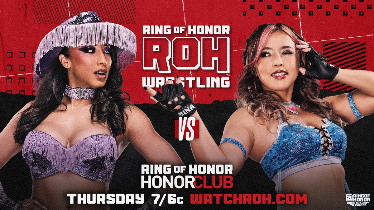 .<a href="/Miss_LeilaGrey/">Leila Grey</a> sets her sights on the ROH Women’s Pure Title Tournament, but first she faces the returning <a href="/MinaShirakawa/">Mina Shirakawa♡白川未奈</a>!

📺 Watch ROH TV on #HonorClub at WatchROH.com 7/6c