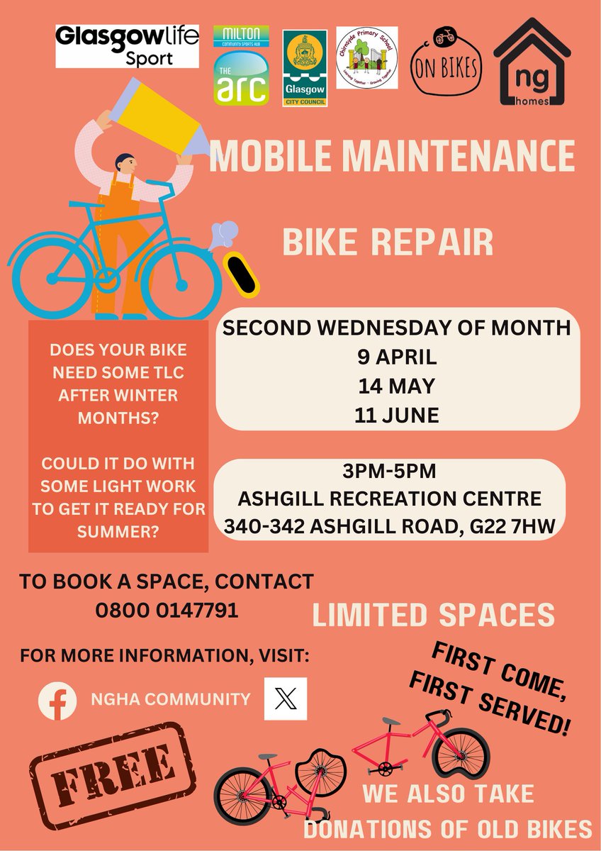 Our Mobile Maintenance bike sessions have returned! Looking for a bit of light repair for your bike?  Get in touch to secure a spot at either session!  

Wednesdays 2:30-4:30pm at Keppoch Campus or Wednesdays 3-5pm at Ashgill Recreation Centre.