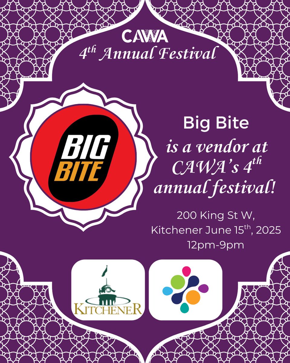 CAWA_KW's tweet image. Craving shawarma? 🌯 Big Bite’s got you covered at CAWA’s 4th Annual Festival! Sign up on Eventbrite for a chance to win big. Don’t miss out-flavor &amp;amp; fun await! #BigBite #Shawarma #CAWA #kitchener