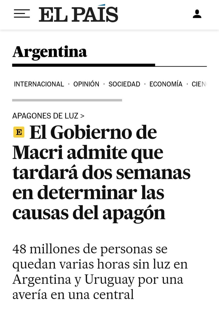 Nobleza obliga: si el apagón generalizado de 2019 se lo achaste a Macri en la sección Internacional, ya sabemos por dónde encarar en la nacional. Pero realmente dudo que los medios españoles lo enfaticen por ese lado.