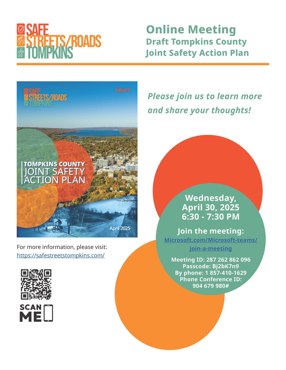 Please join us for an online meeting about the Draft Tompkins County Joint Safety Action Plan on Wednesday, April 30th from 6:30-7:30 pm. 

Find out more about the Joint Safety Action Plan here: safestreetstompkins.com

Link to join the meeting: microsoft.com/en-us/Microsof…