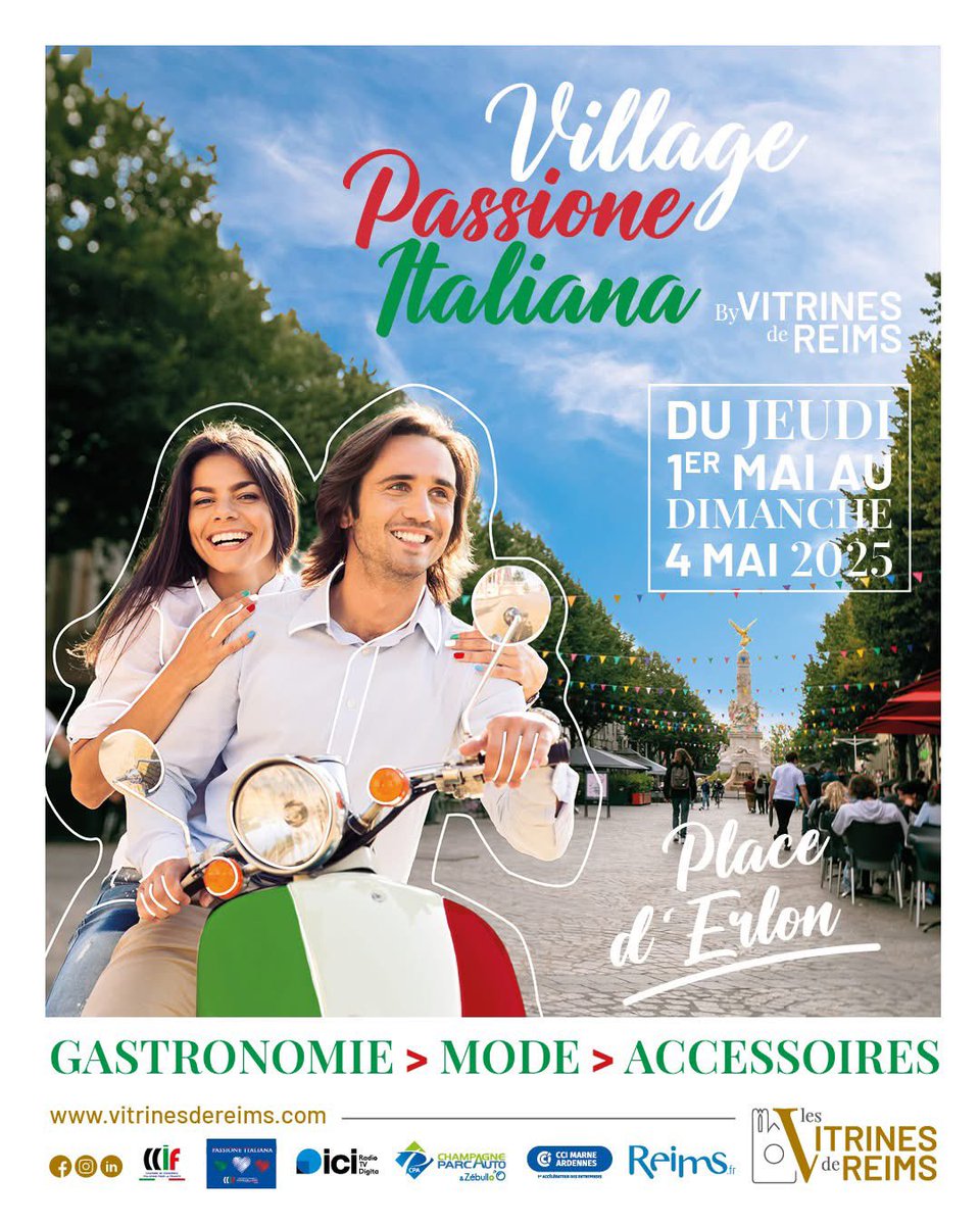 🇮🇹 Village Passione Italiana 🇮🇹
Un véritable voyage au cœur de l'Italie pendant 4 jours 💚🤍❤️
📆⌚️ Jeudi ler mai : 10h - 19h30
  Vendredi 2 mai: 10h - 22h30
  Samedi 3 mai : 10h - 21h
  Dimanche 4 mai : 10h - 19h30
#Reims #VillageItalien #PassioneItaliana #Italie #DolceVita