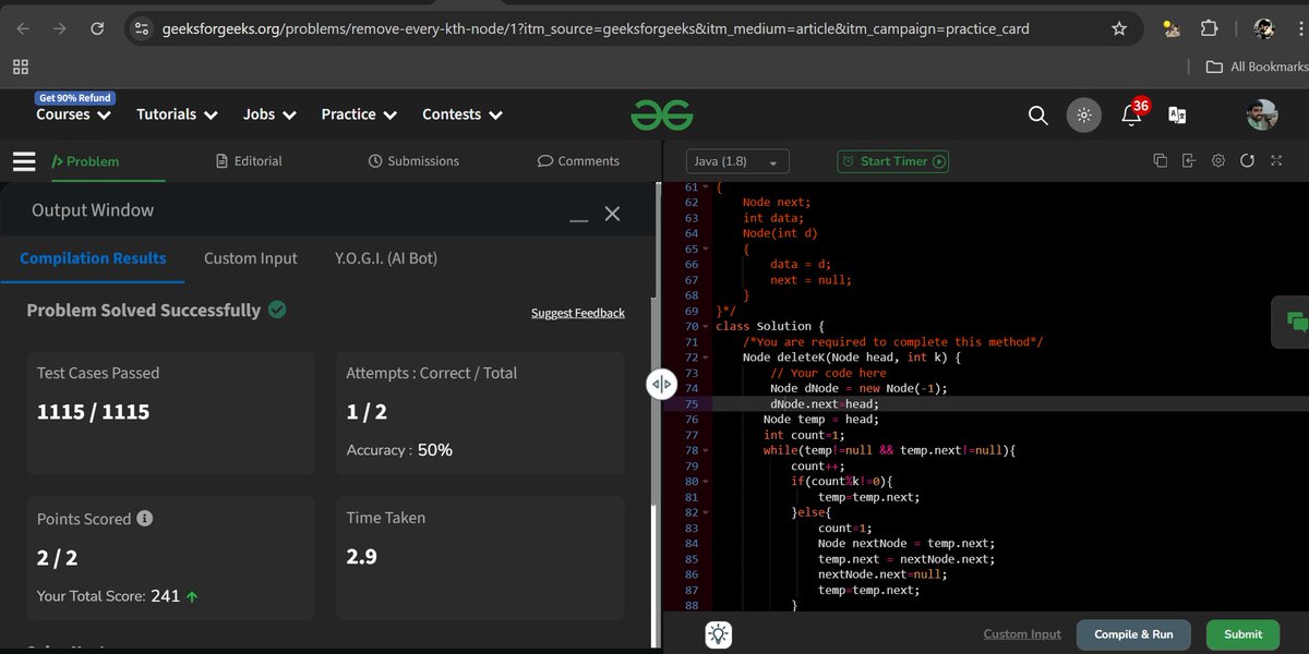 surajgupta85252's tweet photo. #day96
#problem name - Remove every kth node in Linkedlist #java #dsa #leetcode #100daysofcoding #gfg160 https://t.co/mphvZiVxgL