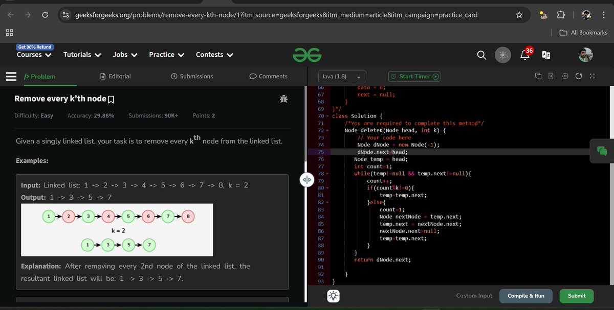 surajgupta85252's tweet photo. #day96
#problem name - Remove every kth node in Linkedlist #java #dsa #leetcode #100daysofcoding #gfg160 https://t.co/mphvZiVxgL