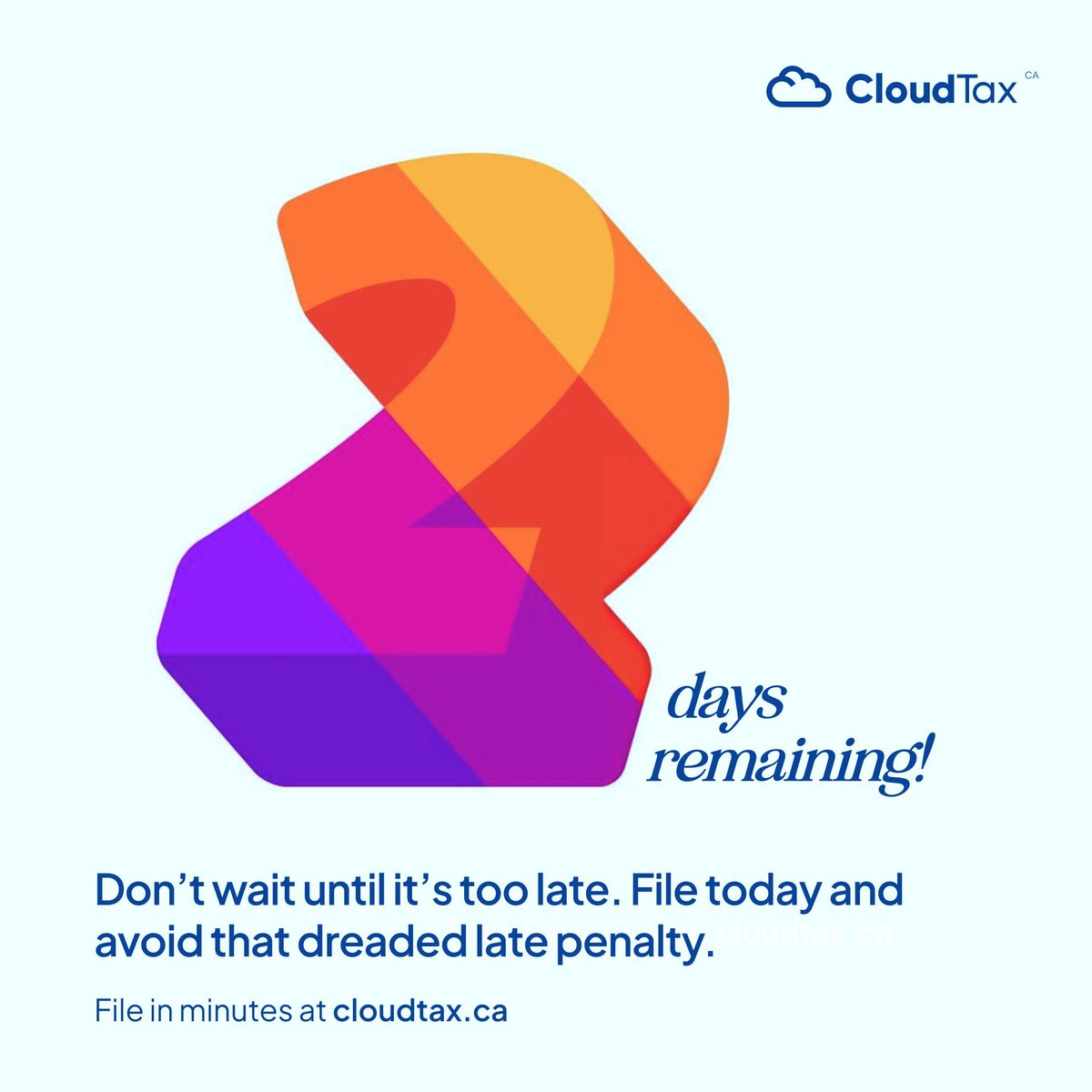 🎬 Scene: Your living room. Sunday night.
The clock ticks. The snacks are gone. The taxes? Still... unfiled.
You’ve got 2 days left.
No plot twists. No surprises. Just CloudTax — your fast, online, CRA-certified way out of the chaos.

#2DaysLeft #TaxDeadline #CloudTax