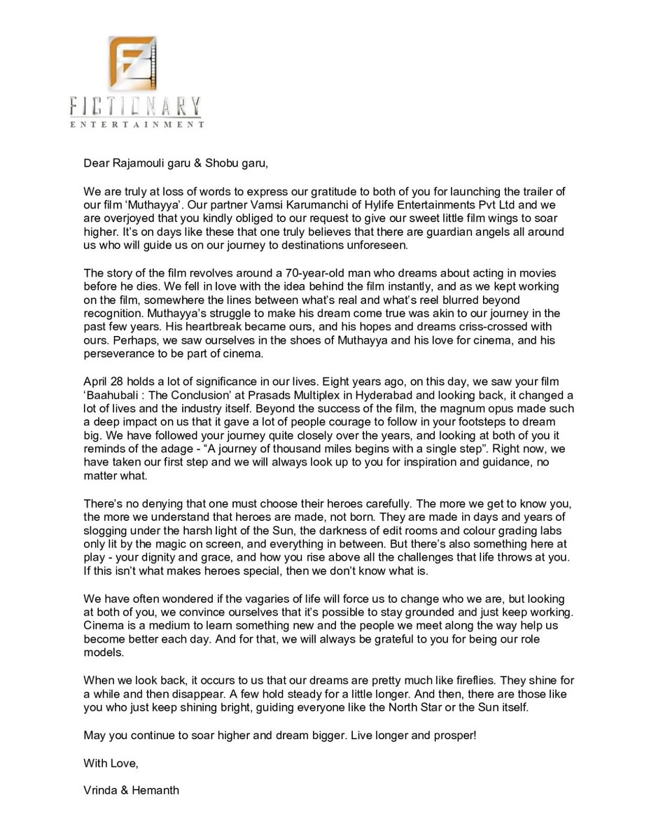Vrinda Prasad (@vrindaprasad) on Twitter photo This letter is our ode to <a href="/ssrajamouli/">rajamouli ss</a> garu & <a href="/Shobu_/">Shobu Yarlagadda</a> garu-thank you for always supporting, encouraging, and inspiring us to dream bigger. Your journey lights the way for so many. Thank you for being our guiding stars on this incredible journey!✨🧿
#Gratitude #Muthayya This letter is our ode to <a href="/ssrajamouli/">rajamouli ss</a> garu & <a href="/Shobu_/">Shobu Yarlagadda</a> garu-thank you for always supporting, encouraging, and inspiring us to dream bigger. Your journey lights the way for so many. Thank you for being our guiding stars on this incredible journey!✨🧿
#Gratitude #Muthayya