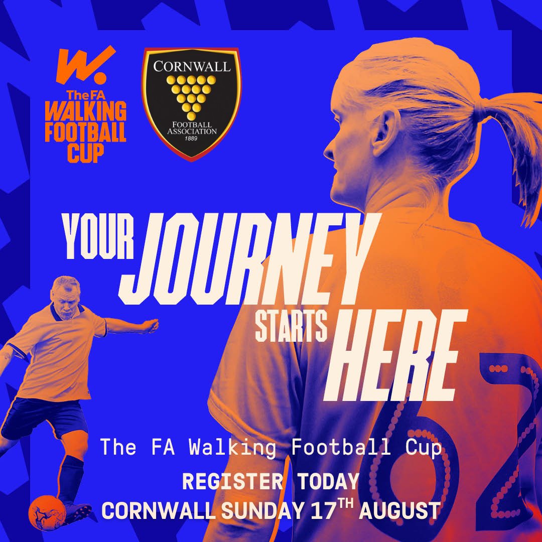 WALKING FOOTBALL WEEK - This week we'll be sharing news and stories about what's going on in Cornwall⚽️

Firstly, The FA Walking Football Cup is back! 🏆

Register your team now! First round will be held in Cornwall. Will your team make it to the Finals at St George's Park?

🗓️