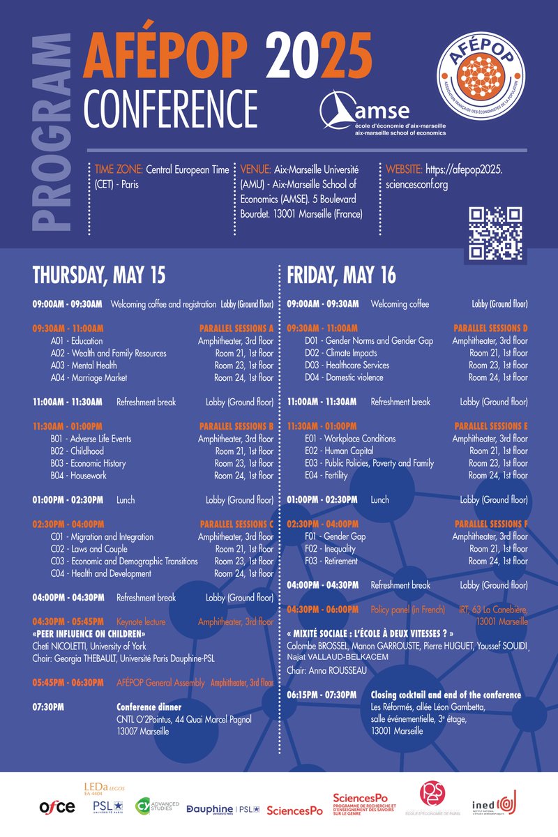 AFÉPOP (@afepopasso) on Twitter photo 📢 The #AFÉPOP2025 program is out!📢
📅 May 15–16, 2025
📍 At the Aix-Marseille School of Economics ☀️
🗣Keynote: <a href="/NicolettiCheti/">Cheti Nicoletti</a> (University of York)
Public policy panel in French 🇫🇷
📑 Full schedule & info: afepop2025.sciencesconf.org 📢 The #AFÉPOP2025 program is out!📢
📅 May 15–16, 2025
📍 At the Aix-Marseille School of Economics ☀️
🗣Keynote: <a href="/NicolettiCheti/">Cheti Nicoletti</a> (University of York)
Public policy panel in French 🇫🇷
📑 Full schedule & info: afepop2025.sciencesconf.org