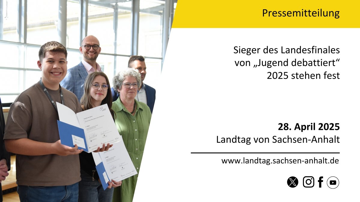 Neuigkeiten aus dem Landtag von #SachsenAnhalt.
Zur Pressemitteilung: tinyurl.com/PMJD2025

#ltlsa #Landtag #Jugenddebattiert #Landesfinale