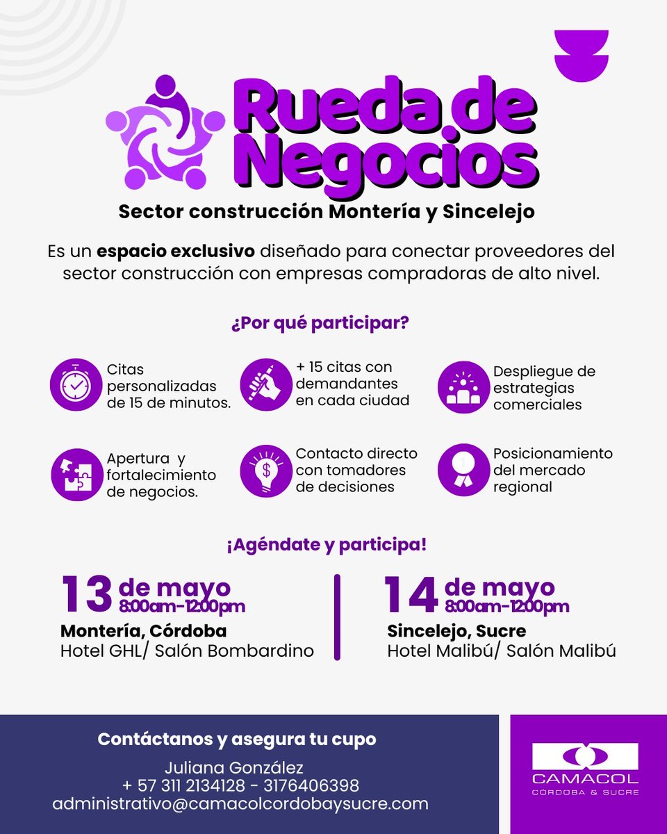camacorysuc's tweet photo. Eres proveedor del sector construcción? 🏗️
Participa en la Rueda de Negocios Montería y Sincelejo de Camacol Córdoba &amp; Sucre.
📅 13 y 14 de mayo | Citas personalizadas con constructoras 
Una oportunidad única para abrir mercado y cerrar alianzas.
🔗 Cupos limitados. Te esperamos! https://t.co/89g40aGs62