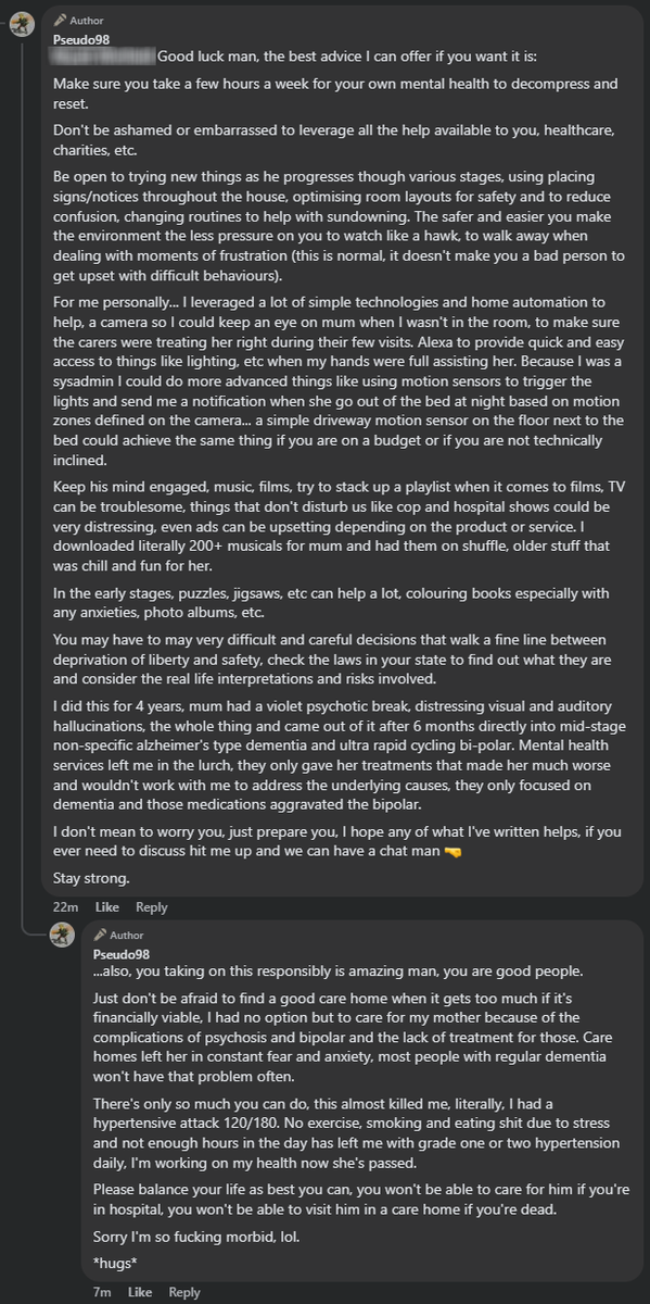 Pseudo98's tweet photo. While responding to a comment on Facebook it occurred to me that I may have some experience and knowledge about dementia and psychosis that be useful to you guys one day, so I'm sharing the infodump.

If you are struggling with this, stay strong, DM me if you ever need to talk. https://t.co/CtjXW6OIhg
