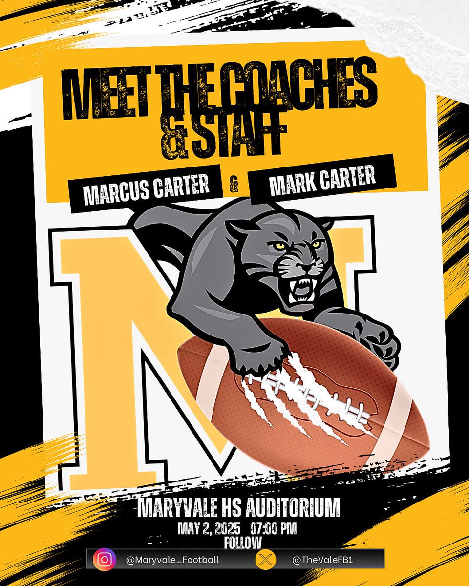Maryvale High School Football (@thevalefb1) on Twitter photo It’s about that time!
Come on out and meet our new Head Coaches Marcus <a href="/SpiceBoy408/">CoachEmUp408</a> and Mark Carter <a href="/CaliBloodLine81/">CaliBloodLine81</a> along with the staff this Friday at The Vale!
All the details on are the flyer below!
See you this Friday!!
#TheVale #SNWY It’s about that time!
Come on out and meet our new Head Coaches Marcus <a href="/SpiceBoy408/">CoachEmUp408</a> and Mark Carter <a href="/CaliBloodLine81/">CaliBloodLine81</a> along with the staff this Friday at The Vale!
All the details on are the flyer below!
See you this Friday!!
#TheVale #SNWY