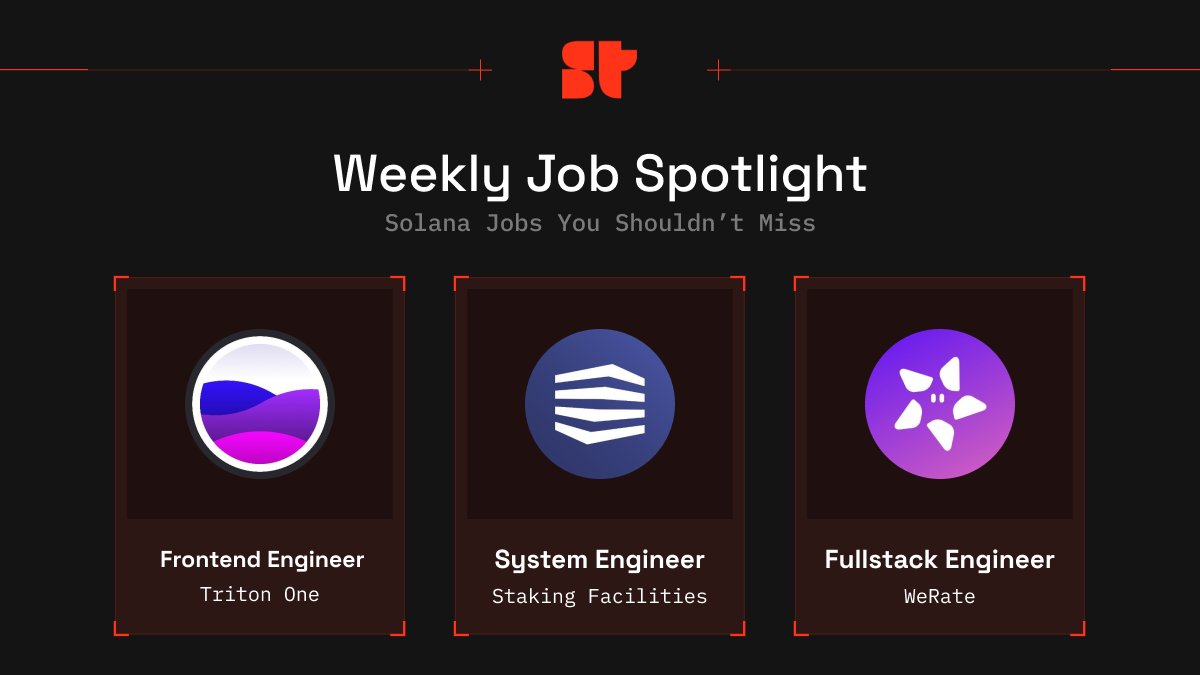 Weekly Job Spotlight  

Looking for a new job in the Solana ecosystem?  
Here are this week's hottest job openings that we are actively hiring for.  

Find all details below and join the Superteam Talent Network to get considered for all relevant open jobs on Solana ⤵️