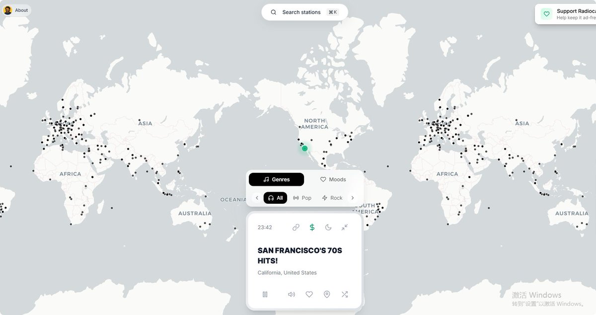 发现一个爆牛逼的音乐电台网站，点击黑点，就能听遍全球各地不同风格的音乐。

网址在评论区。