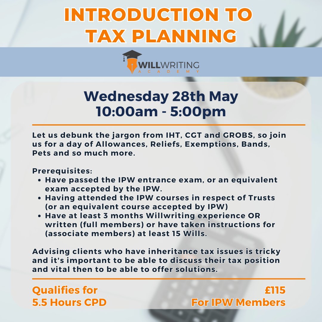 Advising clients who have inheritance tax issues is tricky and it's important to be able to discuss their tax position. Learn the basics you will need to fulfil your client's tax needs.

Learn more on how you can secure your place on this webinar today!: ipw.org.uk/events/introdu…