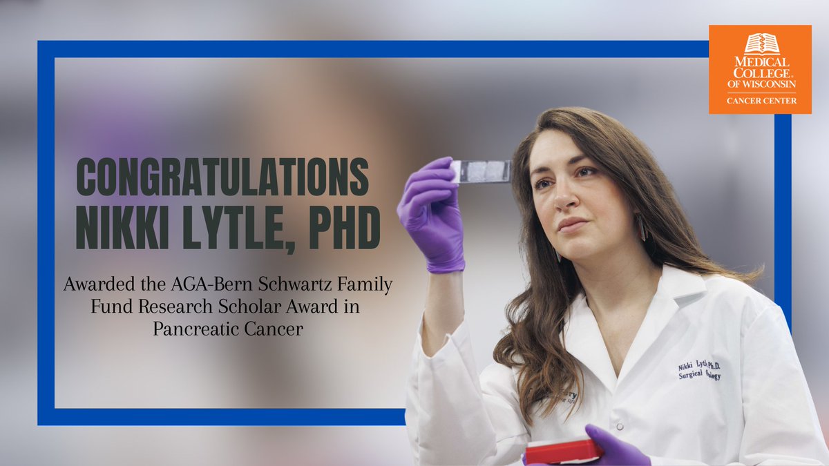 MCW Cancer Center (@mcwcancercenter) on Twitter photo Celebrating excellence in research! 🏆 Nikki Lytle, PhD, <a href="/MedicalCollege/">Medical College of Wisconsin</a> Cancer Center, was selected by <a href="/AmerGastroAssn/">American Gastroenterological Association (AGA)</a> to receive major research funding for her pancreatic cancer work. #CancerResearch #AGAResearchAwards Celebrating excellence in research! 🏆 Nikki Lytle, PhD, <a href="/MedicalCollege/">Medical College of Wisconsin</a> Cancer Center, was selected by <a href="/AmerGastroAssn/">American Gastroenterological Association (AGA)</a> to receive major research funding for her pancreatic cancer work. #CancerResearch #AGAResearchAwards