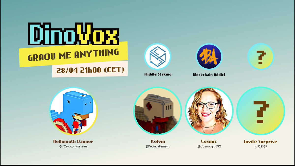 TCryptomonnaies's tweet image. Ce soir, c'est GRAOU Me Anything, "Family Mode" 

Causeries entre dinos, et évocation des projets tech et média des uns et des autres, au-delà des rivages de @TheDinoVox comme @Blockchains_FR ou @MiddleStaking

Ah, et on annoncera les gagnants de 12 challenges #JurassicReveal !…