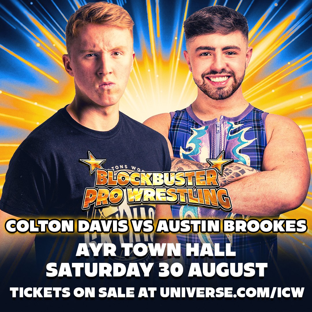 BlockbusterWres's tweet image. .@AustinBrookes01 looks to cut down the 6'7" @thecoltondavis at Ayr Town Hall on Saturday 30 August!
Get your tickets now at universe.com/icw