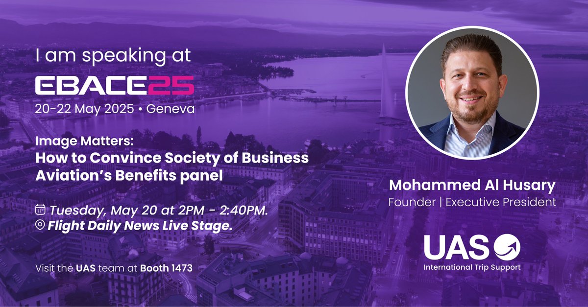 UAS_aero's tweet image. Join us at the Flight Daily News Live Stage on Tuesday, May 20, from 2:00 PM to 2:40 PM, where @al_husary, @UAS_aero Founder and Executive President, will share his insights on the panel "Image Matters: How to Convince Society of Business Aviation’s Benefits."
This is a…