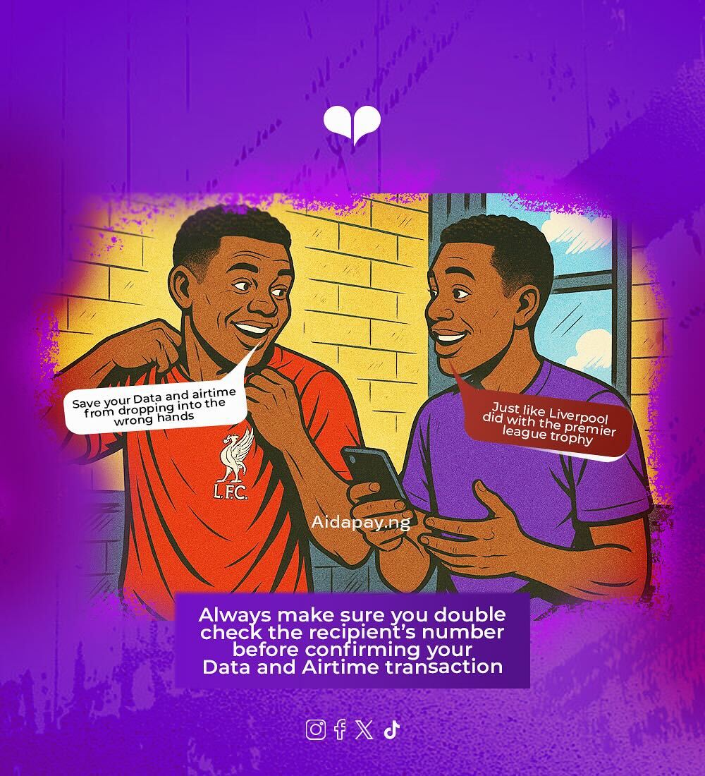 aidapay's tweet image. Don’t let your data and airtime pull a Liverpool move, double-check that number before you send!👍🌚
 #SafeTransactions #AidapayTips #DataSecure #AirtimeMatters #aidapaysme #aidapaytrivia #fyp #football #liverpool #explore #instagram #newweek #premiereleague