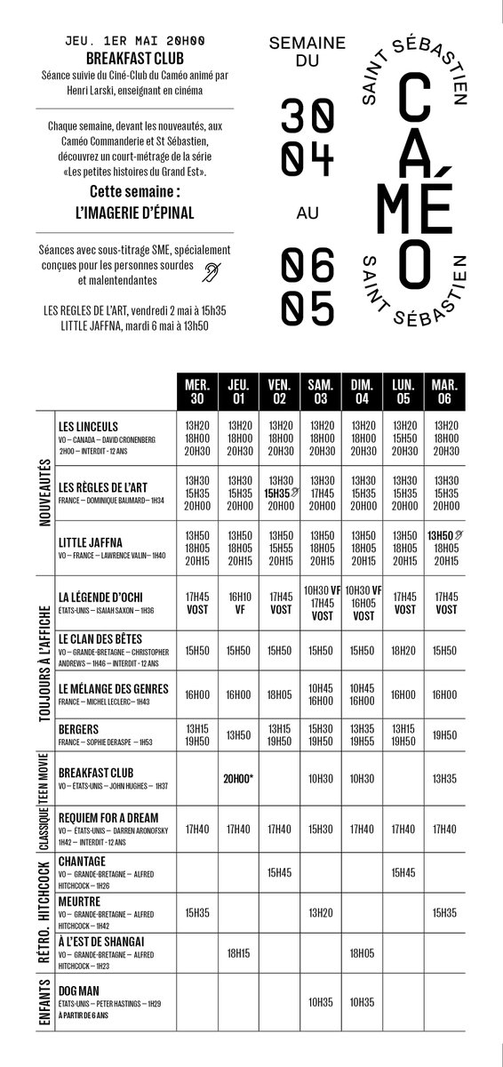 Horaires des séances pour la semaine du 30 avril au 6 mai
#Nancy