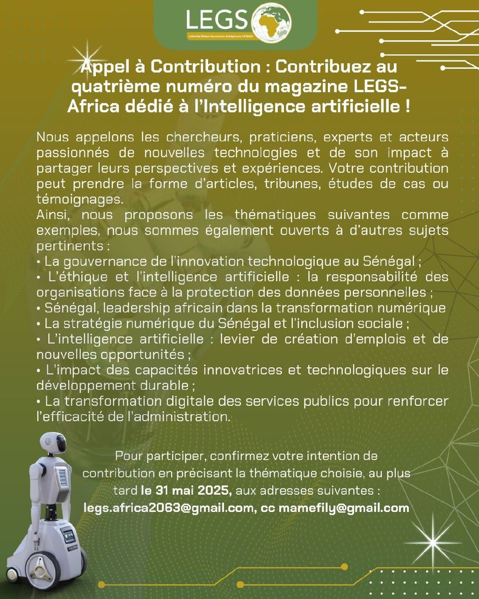Legs-Africa (@legs_africa) on Twitter photo ✍ Prochain numéro #Magazine 📜
Nous invitons experts, chercheurs et praticiens à participer à ce nouveau numéro consacré à l'intelligence artificielle #IA et à son impact.
📆Délai : 31 mai 2025
Adresse : legs.africa2063@gmail.com,en cc : mamefily@gmail.com
#Redevabilitéactive ✍ Prochain numéro #Magazine 📜
Nous invitons experts, chercheurs et praticiens à participer à ce nouveau numéro consacré à l'intelligence artificielle #IA et à son impact.
📆Délai : 31 mai 2025
Adresse : legs.africa2063@gmail.com,en cc : mamefily@gmail.com
#Redevabilitéactive