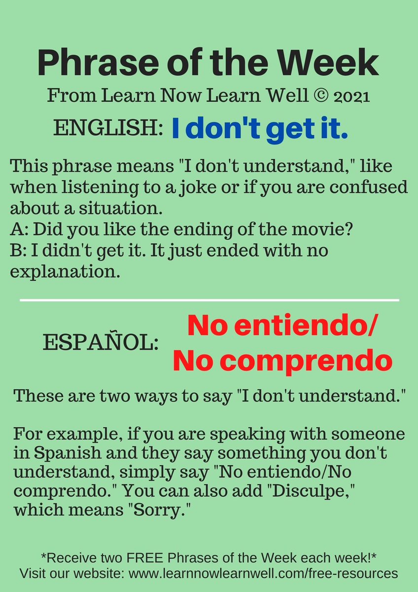 Learnnow_well's tweet photo. Sometimes learning another language can be confusing and difficult to understand. Have no fear! We have some phrases to help you out!

#learnnowlearnwell #potw #english #esl #ingles #spanish #espanol #bilingual #languages #learning #freeenglish #freespanish #freelanguagelesson https://t.co/L029P7F1V8