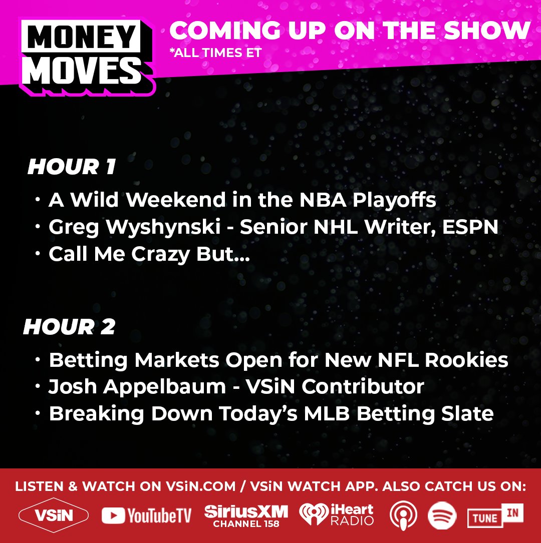 VSiN (@vsinlive) on Twitter photo Money Moves is coming up from 12pm-2pm ET
<a href="/StormBuonantony/">Stormy Buonantony</a> & <a href="/meJVT/">Jonathan Von Tobel</a> kickoff a busy week in sports breaking down tonight's #NBA & #NHL Playoffs.
Including a look at some of the early #NFL Rookie Betting Markets.
Guests:
12:30pm ET <a href="/wyshynski/">Greg Wyshynski</a>
1:30pm ET <a href="/Josh_Insights/">Josh Appelbaum</a> Money Moves is coming up from 12pm-2pm ET
<a href="/StormBuonantony/">Stormy Buonantony</a> & <a href="/meJVT/">Jonathan Von Tobel</a> kickoff a busy week in sports breaking down tonight's #NBA & #NHL Playoffs.
Including a look at some of the early #NFL Rookie Betting Markets.
Guests:
12:30pm ET <a href="/wyshynski/">Greg Wyshynski</a>
1:30pm ET <a href="/Josh_Insights/">Josh Appelbaum</a>