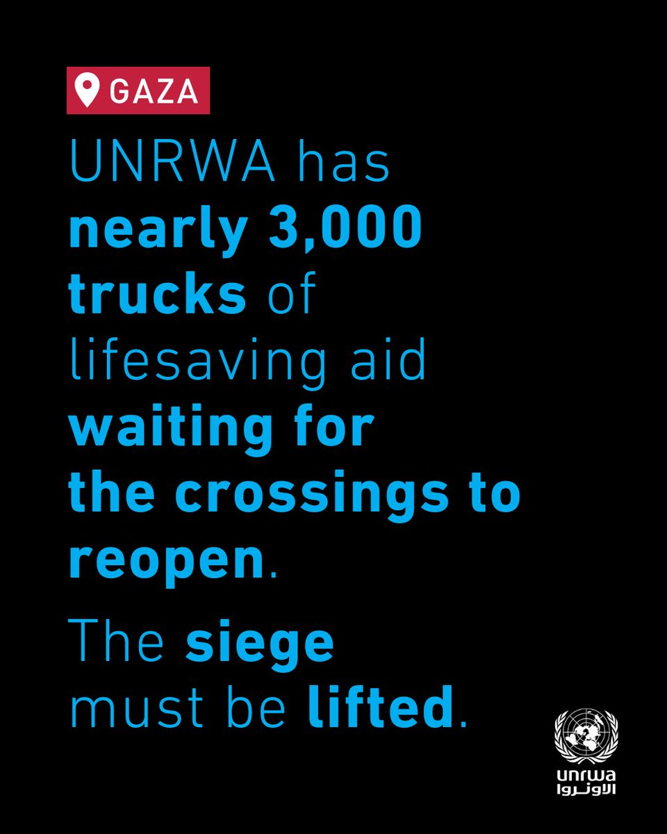 UNRWA (@unrwa) on Twitter photo Aid is ready to be brought into #Gaza, just waiting for the crossings to reopen. Basic supplies meant for people in need are expiring while on the other side starvation deepens.
UNRWA has nearly 3,000 trucks of lifesaving aid waiting.
<a href="/WFP/">World Food Programme</a> says more than 116,000 metric tonnes Aid is ready to be brought into #Gaza, just waiting for the crossings to reopen. Basic supplies meant for people in need are expiring while on the other side starvation deepens.
UNRWA has nearly 3,000 trucks of lifesaving aid waiting.
<a href="/WFP/">World Food Programme</a> says more than 116,000 metric tonnes
