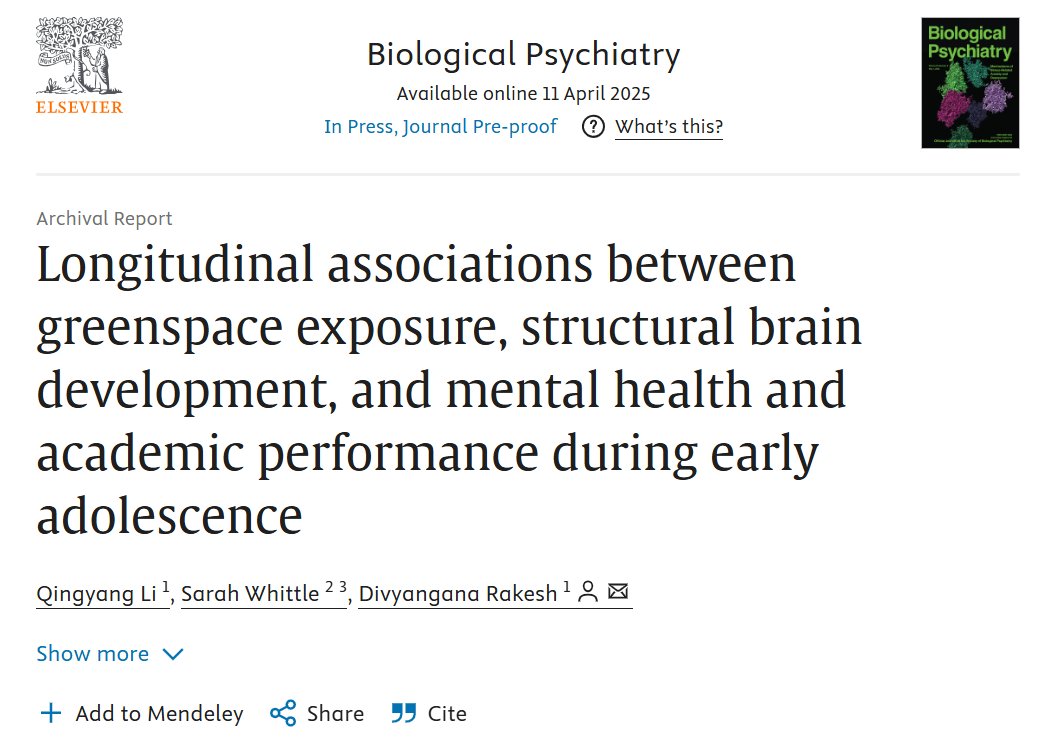 Divyangana Rakesh (@divyanganar) on Twitter photo Excited to share our new paper where we show on links between #greenspace exposure, brain development over time, and mental health and academic outcomes, now published in Biological Psychiatry. Led by Qingyang Li!
<a href="/SOBP/">Society of Biological Psychiatry</a>
<a href="/KingsIoPPN/">Institute of Psychiatry, Psychology & Neuroscience</a>
<a href="/SarahLWhittle/">Sarah Whittle</a>
doi.org/10.1016/j.biop… Excited to share our new paper where we show on links between #greenspace exposure, brain development over time, and mental health and academic outcomes, now published in Biological Psychiatry. Led by Qingyang Li!
<a href="/SOBP/">Society of Biological Psychiatry</a>
<a href="/KingsIoPPN/">Institute of Psychiatry, Psychology & Neuroscience</a>
<a href="/SarahLWhittle/">Sarah Whittle</a>
doi.org/10.1016/j.biop…
