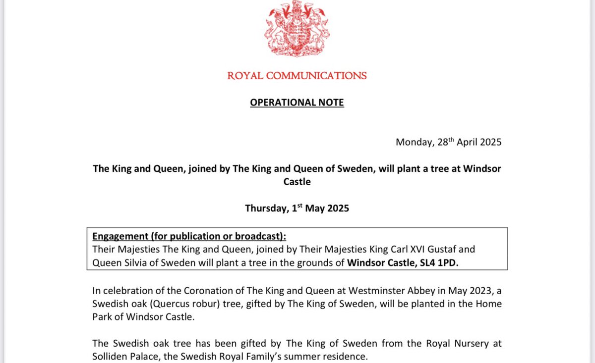 Their will be a joint engagement between Their Majesties The King and Queen, and Their Majesties King Carl XVI Gustaf and Queen Silvia of Sweden at Windsor Castle on 1 May.