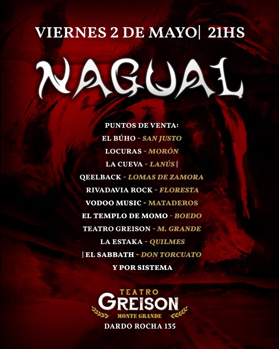 ‼️ÚLTIMAS ENTRADAS‼️
Viernes 2 de mayo, 21 hs., Nagual en el Teatro Greison (Dardo Rocha 135, Monte Grande) 
Celebramos 20 años de nuestro primer disco! 
🎫 Anticipadas por Passline y en puntos de venta físicos. 
🎸Amigos inv: <a href="/lasimonaoficial/">Simona Rock</a> 
✅ Show apto +13 años