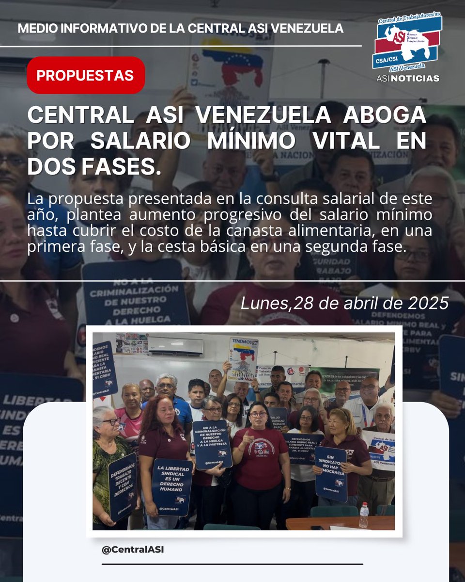 La propuesta, entregada por escrito y argumentada con indicadores, busca la recuperación progresiva del salario mínimo hasta alcanzar el salario mínimo vital, conforme a lo establecido en nuestra constitución nacional y la ley laboral vigente. <a href="/CentralASI/">Central ASI Vzla</a> <a href="/CSA_TUCA/">CSA-TUCA</a> <a href="/ituc/">ITUC</a>