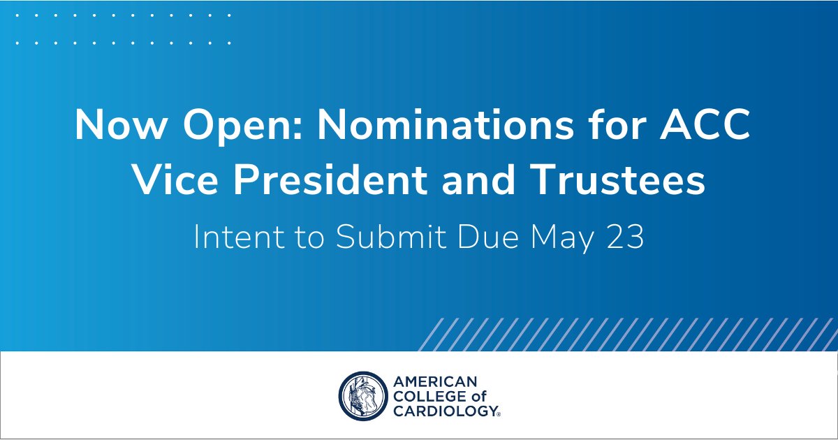 ☑️ Take your ACC leadership to the next level: the application period for ACC Vice President and Trustees is now open. 

🔊 Declare your intent to submit an application today: bit.ly/4dgcMnT

#ACCBOT #ACCLeadership #CardioX