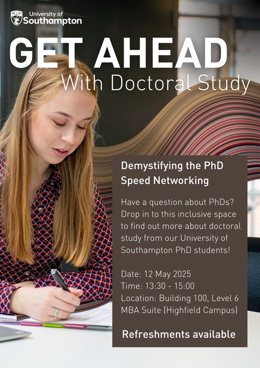 Join our 'Demystifying the PhD' speed networking event to learn more about what doctoral study is like

Chat to our PhD students &amp; ask any questions you have - from funding to applying, PhD projects &amp; more

Taking place on Monday 12 May, 1.30pm - book: bit.ly/3YRVdF3