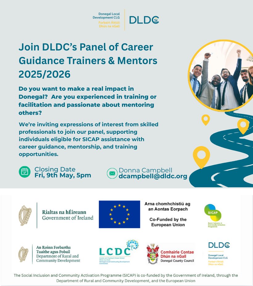 Want to make a real impact in Donegal? DLDC is seeking experienced trainers &amp; mentors for our 2025/2026 Career Guidance Panel! Support those eligible for SICAP with mentoring &amp; training.

Express your interest: dcampbell@dldc.org
Deadline: Fri 9 May, 5pm
#Donegal #Mentoring