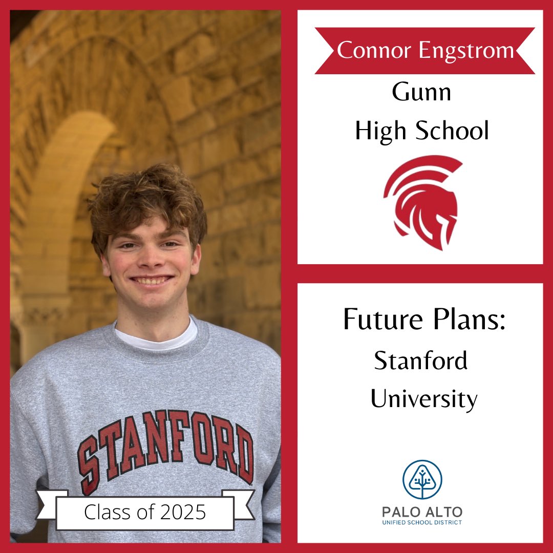🎓 CLASS OF 2025 SPOTLIGHT 🎓

Congrats to Gunn HS senior Connor Engstrom, who plans to attend Stanford University! We are so proud of you! ✨

Seniors, to be featured in our Class of 2025 Spotlight, fill out the form: forms.gle/rmKVcbEv82btEL…
#PAUSD #PAUSDPromise #ClassOf2025