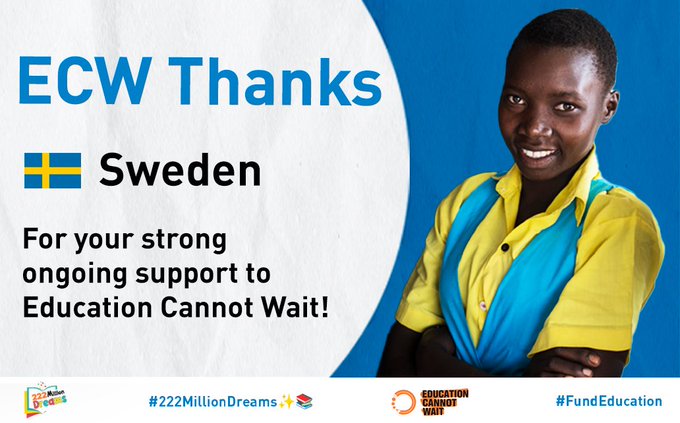 🙏Thank-you #Sweden 🇸🇪for your strong, ongoing support to <a href="/EduCannotWait/">Education Cannot Wait</a> !🙏

Your generous contributions allow #ECW &amp; strategic partners to reach even more crisis-affected girls &amp; boys across the🌎with #QualityEducation! 

#UN @SIDA <a href="/SweMFA/">Swedish Ministry for Foreign Affairs</a> <a href="/SwedenUN/">SwedenUN 🇸🇪</a> <a href="/YasmineSherif1/">Yasmine Sherif</a>