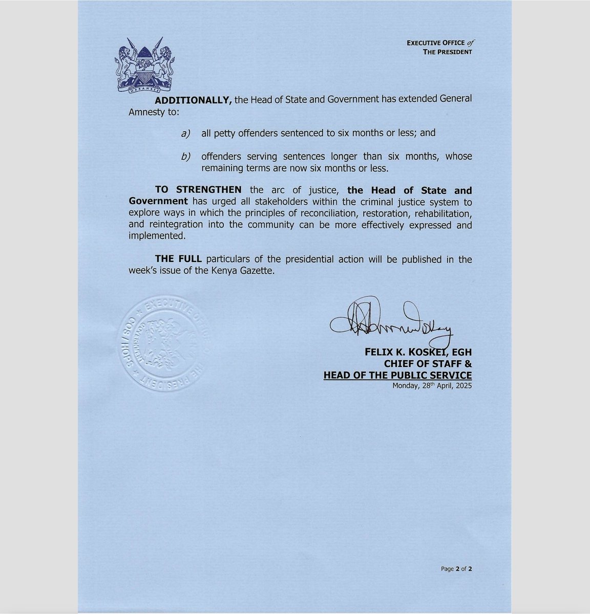 felix koskei (@koske_felix) on Twitter photo H.E President <a href="/WilliamsRuto/">William Samoei Ruto, PhD</a> has today, in the exercise of his constitutional power of mercy and pardon under Article 133, granted clemency to fifty-six Kenyan citizens and one foreign national who were serving custodial sentences in various prisons across the country.
The full H.E President <a href="/WilliamsRuto/">William Samoei Ruto, PhD</a> has today, in the exercise of his constitutional power of mercy and pardon under Article 133, granted clemency to fifty-six Kenyan citizens and one foreign national who were serving custodial sentences in various prisons across the country.
The full