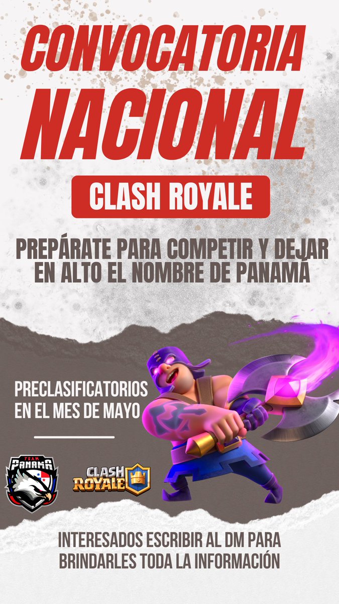 ¡Atención jugadores de Clash Royale de Panamá!
¿Estás listo para representar a tu país?
Iniciamos los preclasificatorios para formar la Selección Nacional de Clash Royale.
Los preclasificatorios se desarrollarán durante el mes de mayo.
¿Te interesa? ¡Escríbenos al DM #Clashroyale