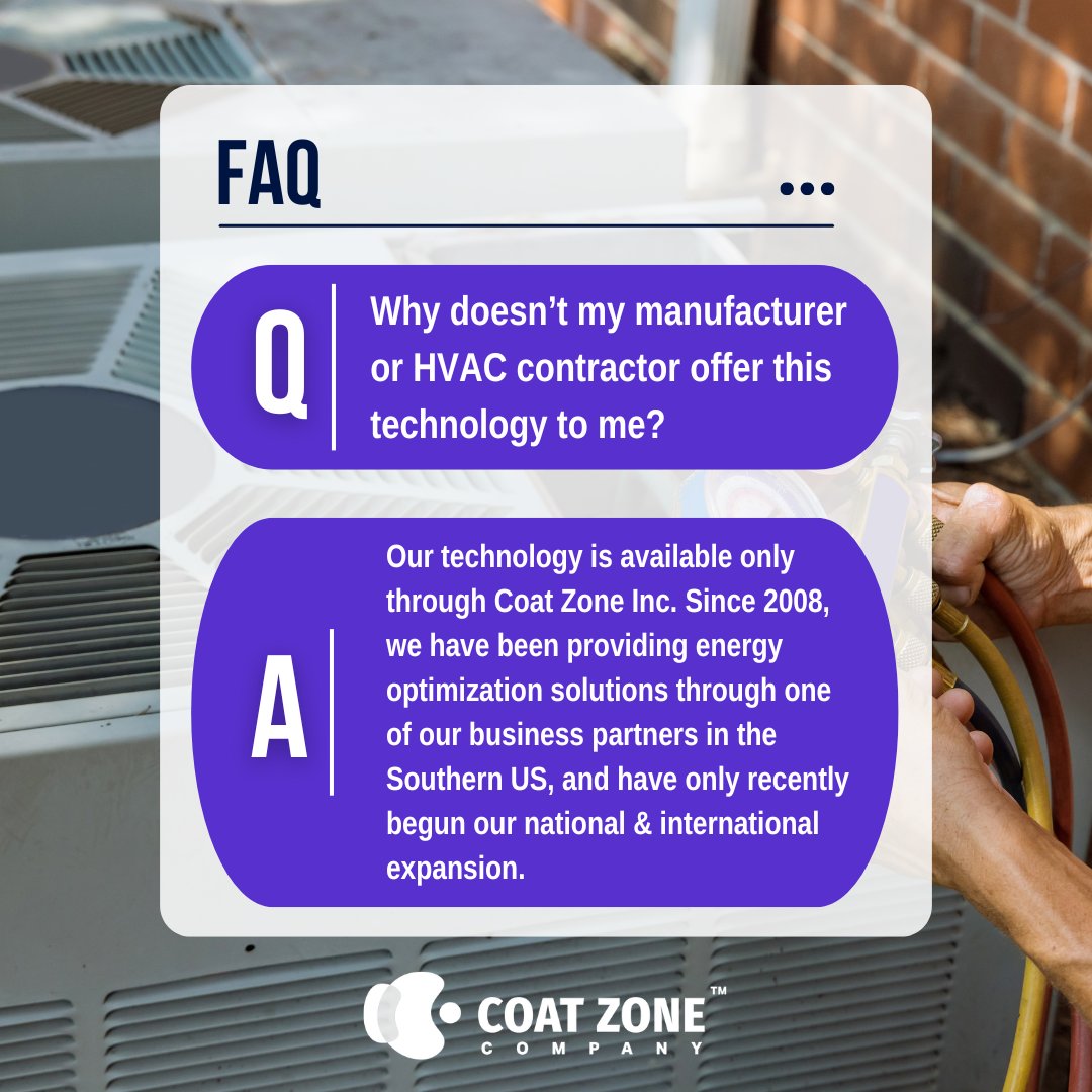 Our technology is exclusively distributed by <a href="/CoatZone/">Coat Zone</a>. Since 2008, we've delivered #energyoptimization solutions throughout the Southern US &amp; have been expanding globally ever since. 

Looking for a dealer in your region? Connect with us today >> (832) 598-6176

#HVACEfficiency