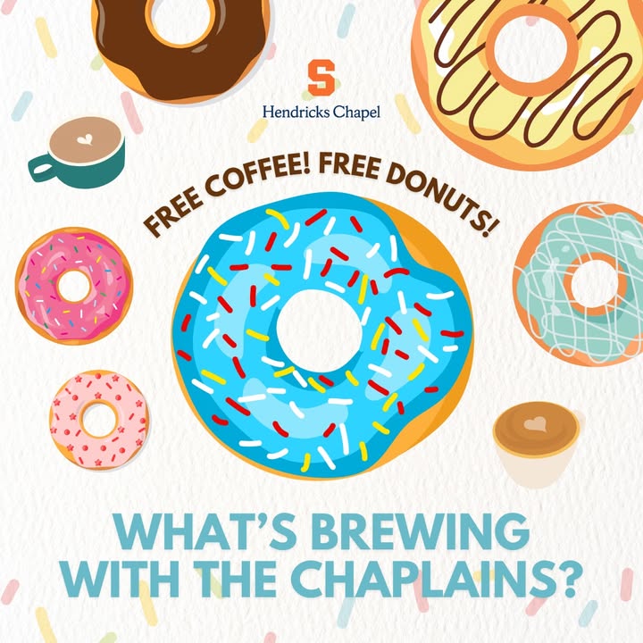 On Monday, April 28th, stop by the People's Place tent on the Quad from 2-3 PM to chat with chaplains from Hendricks Chapel!  We'll have free coffee, donuts, and cool Hendricks merch to help you get through your finals!