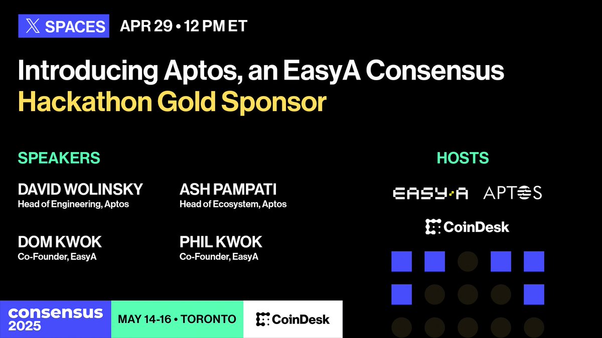 GM Gigabrains 🧠⚡️

Join us tomorrow with <a href="/easya_app/">EasyA 🤳📱</a> founders <a href="/dom_kwok/">Dom Kwok | EasyA</a> &amp; <a href="/kwok_phil/">Phil Kwok | EasyA</a> with <a href="/david_wolinsky/">David</a> &amp; <a href="/ASHAWONN/">ash 🇺🇸</a> from <a href="/Aptos/">Aptos</a>, our Hackathon Gold Sponsor!

We'll be talking all about Aptos at our next Hackathon, which will be North America's biggest ever! Set a reminder 🔗⤵️
