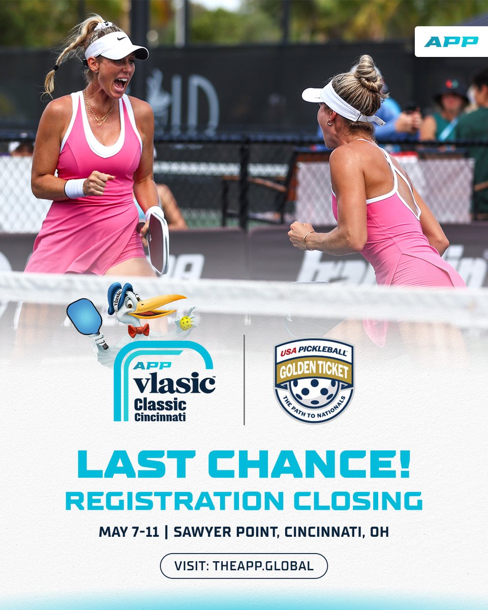APP Tour (@officialapptour) on Twitter photo 📣 Last Call 📣 Don't miss the chance to get your <a href="/USAPickleball/">USA Pickleball</a> Golden Ticket in Cincinnati! Registration closes tomorrow at 7pm ET.
We'll see you there. ⤵️
bit.ly/3SK1XSf
<a href="/UTR_Sports_/">UTR Sports</a> I <a href="/VlasicStork/">Vlasic</a>
#APPTour #APPVlasicClassic #VlasicPickles #VlasicStork 📣 Last Call 📣 Don't miss the chance to get your <a href="/USAPickleball/">USA Pickleball</a> Golden Ticket in Cincinnati! Registration closes tomorrow at 7pm ET.
We'll see you there. ⤵️
bit.ly/3SK1XSf
<a href="/UTR_Sports_/">UTR Sports</a> I <a href="/VlasicStork/">Vlasic</a>
#APPTour #APPVlasicClassic #VlasicPickles #VlasicStork
