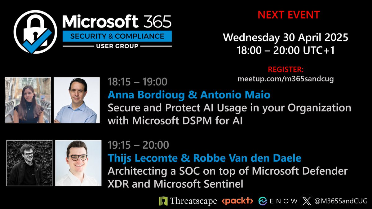 Folks, hope you can join us on Wednesday for this month's user group - these speakers are absolute experts in what they do and you will learn a ton.  It's not recorded, so join us live or miss out.  

REGISTER: meetup.com/m365sandcug/ev…