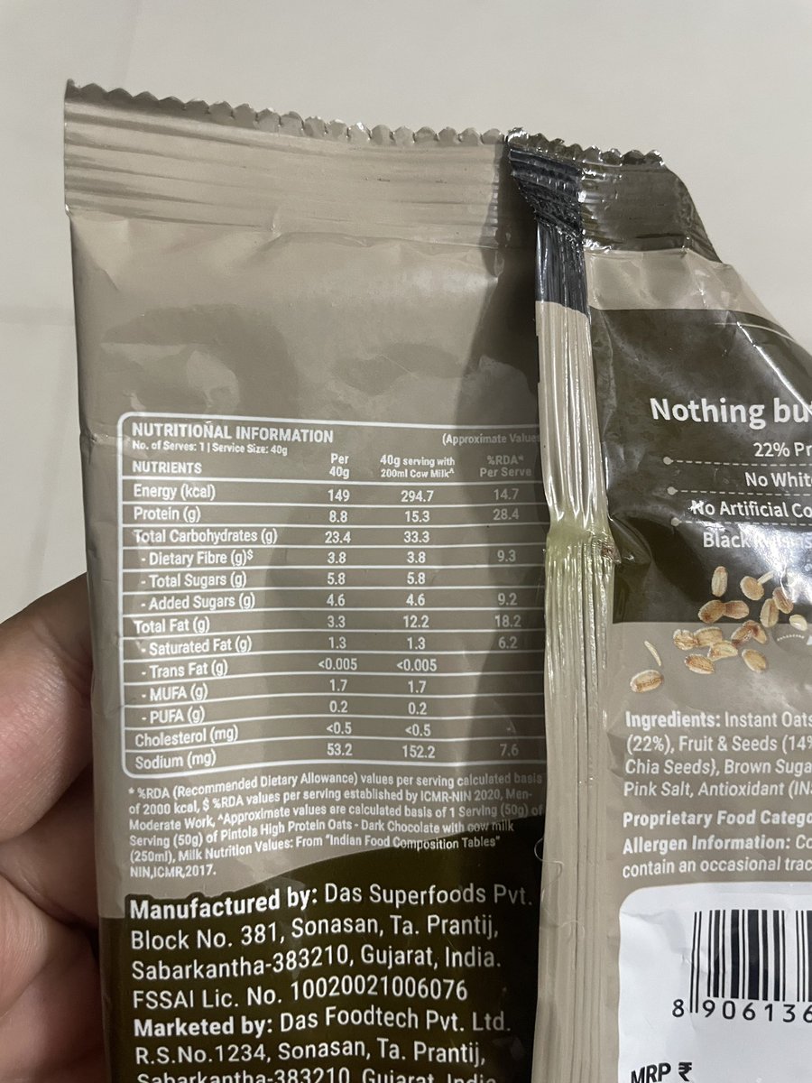 viralbiryani's tweet photo. Scam alert, the packet says 22 grams of protein but back says only 8.8!!!! Am I reading it right???? https://t.co/huTmDEFBWB