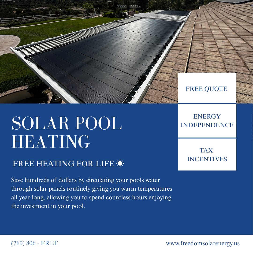 Freedomsolarnrg's tweet image. S O L A R  P O O L  H E A T I N G
.
.
.
☀️🌊  Extend your swimming season and enjoy warm water all summer long while saving utility costs! Get ready for endless sunny days by the pool—let’s soak up the sun together!
#Freedomsolarnrg #Solarpoolheating #Sandiegosolar #Sandiego