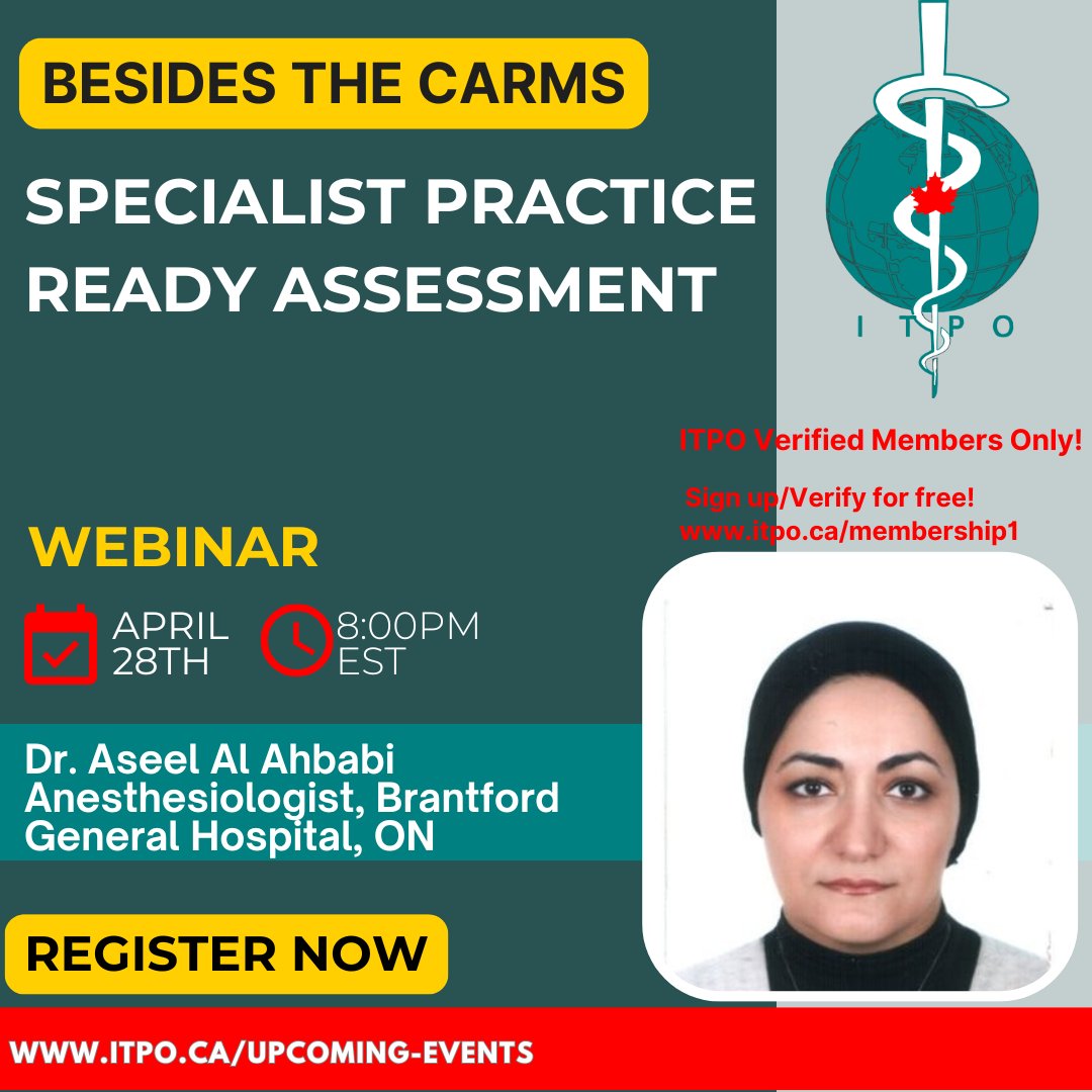 Join us Apr 28 for "Besides the CaRMS: Specialist PRA" with Dr. Aseel Alahbabi! Learn how specialists can navigate PRA pathways to licensure in Canada. Don’t miss it! Register: itpo.ca/upcoming-events

#IMGSuccess #PRA #ITPO